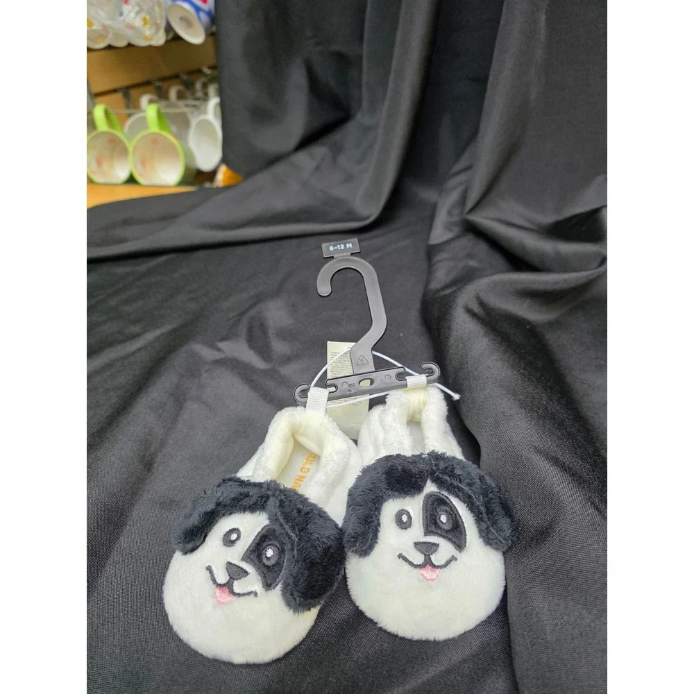 Old Navy Baby Puppy Dog Plush Faux Fur Slippers White Black 6-12M 804406-00-1